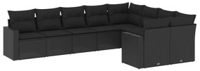 Set divani da giardino 9 pz con cuscini nero in polyrattan