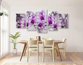 Quadri 5 pezzi – Fiori viola su sfondo astratto
