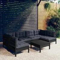 Set Divani da Giardino 7 pz con Cuscini Neri in Legno di Pino 3097161