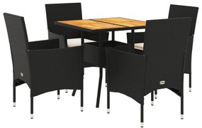 Set pranzo da giardino 5 pz con cuscini nero polyrattan acacia