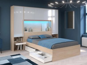 Letto con LED e vani portaoggetti 140 x 190 cm Naturale e Bianco lucido + Rete + Materasso - VELONA