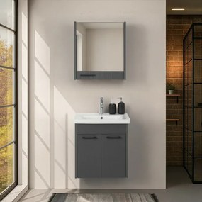 Mobile bagno sospeso 55 cm grigio effetto legno con armadietto a specchio Sofia