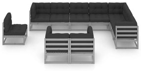 Set divani da giardino 10pz con cuscini grigio massello di pino