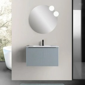 Mobile bagno sospeso 80 cm azzurro polvere cannettato con cassetto, specchio e lavabo Nara