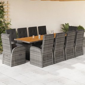 Set da pranzo da giardino 11pz con cuscini in polyrattan grigio