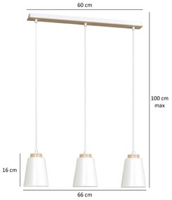 Lampadario 3 Luci Bolero Con Paralumi A Cono In Acciaio Bianco E Legno Naturale