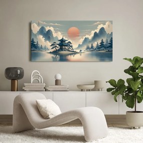 Quadro su tela – Cavaliere vicino a pagoda tra le montagne