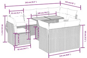 Set divano da giardino 9 pz con cuscini beige in polyrattan