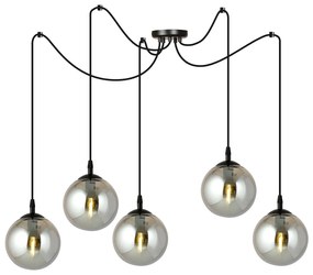 Lampadario 5 Luci Ginevra In Acciaio Nero Con Cavo Lungo E Vetri Fumè