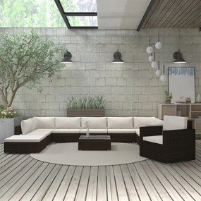 Set divani da giardino 11 pz con cuscini in polyrattan marrone