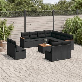 Set Divani da Giardino 12 pz con Cuscini Nero in Polyrattan