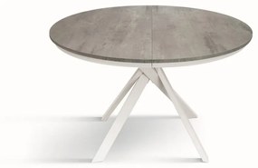 Tavolo rotondo PANTELLERIA in legno effetto grigio cemento con gambe incrociate in metallo bianco, allungabile ⌀120 cm &#8211; ⌀170 cm