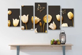 Quadri 5 pezzi – Tulipani con motivo dorato
