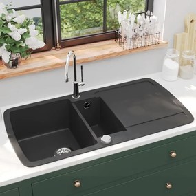 Lavello Da Cucina İn Granito Vasca Doppia Nero /