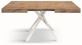 Tavolo FORTE DEI MARMI in legno, finitura rovere rustico e gambe incrociate in metallo bianco, allungabile 95&#215;90 cm &#8211; 145 x 90 cm