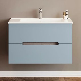 Mobile bagno sospeso 80 rovere fumo e blu pastello con lavabo e specchio Iris