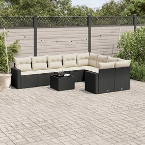 Set divani da giardino 10pz con cuscini in polyrattan nero