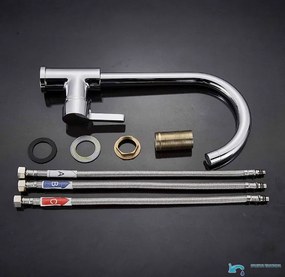 Rubinetto da cucina a bassa pressione EYN NT1311 da piano in ottone con bocca girevole, finiture cromo e argento