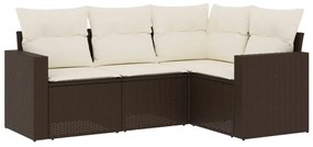 Set Divano da Giardino 4 pz con Cuscini Marrone in Polyrattan