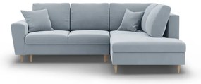 Divano angolare azzurro allungabile e con contenitore (con penisola a destra/a L) con rivestimento in velluto Kyoto – Cosmopolitan Design