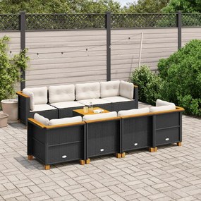 Set divani da giardino 9 pz con cuscini nero in polyrattan