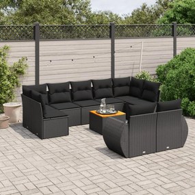 Set divani da giardino 10pz con cuscini in polyrattan nero