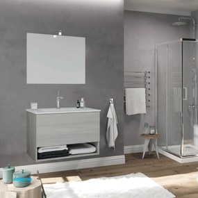 Mobile Bagno Sospeso "Oslo" Da 80 Cm Con Un Cassetto Ed Un Vano a Giorno In Finitura Rovere Grigio