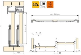 Sistema a scorrimento inferiore per armadio 2 ante di spessore 18 mm, con chiusura soft e profili in alluminio (pannelli non inc