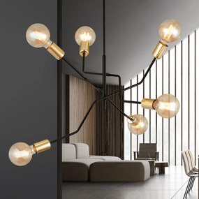 Sospensione Industrial 6 Luci Temi In Acciaio Nero E Oro Bracci Regolabili