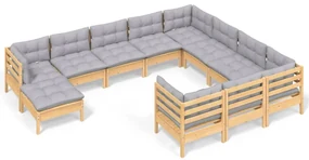Set divani da giardino 11 pz con cuscini grigi massello di pino