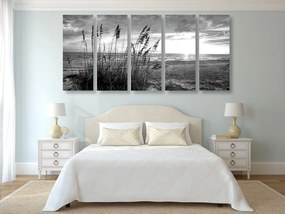 Quadri 5 pezzi – Tramonto sulla spiaggia in bianco e nero