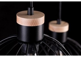 Lampadario 3 Luci Morgana Paralumi A Gabbia In Acciaio Nero E Legno Naturale