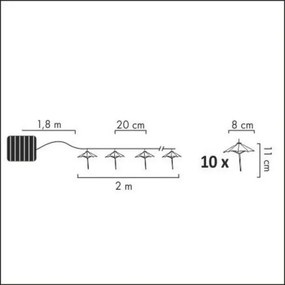 Catena LED solare 10xLED/1,2V 300 mAh 3,8 m IP44 ombrelli