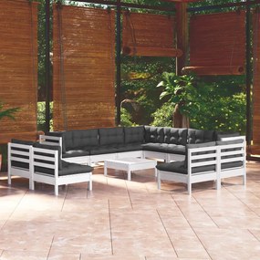 Set divani da giardino 12 pz con cuscini bianchi legno di pino