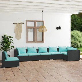 Set divani da giardino 7 pz con cuscini in polyrattan nero