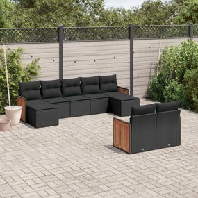 Set divani da giardino 9 pz con cuscini nero in polyrattan