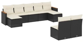 Set divani da giardino 9 pz con cuscini nero in polyrattan