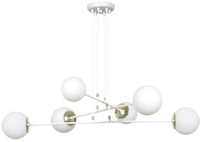 Lampadario Moderno 6 Luci Tsukuyomi In Acciaio Bianco E Oro E Vetro A Sfera Opale