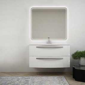 Mobile per bagno bianco lucido 100 cm sospeso bombato - Berlino con specchio led