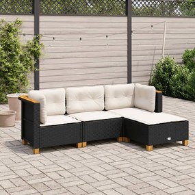 Set divani da giardino 4 pz con cuscini nero in polyrattan