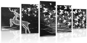 Quadri 5 pezzi – Cervo meraviglioso con farfalle in bianco e nero