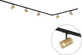 Sistema di illuminazione a binario moderno nero con 5 faretti dorati monofase - Iconic Lloyd
