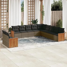 Set divani da giardino 11 pz con cuscini in polyrattan grigio