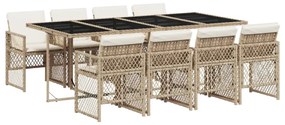 Set da pranzo da giardino 9 pz con cuscini beige in polyrattan