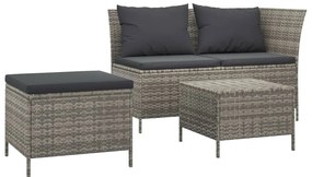 Set divani da giardino 3 pz con cuscini in polyrattan grigio