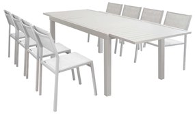 DEXTER - set tavolo in alluminio e teak cm 160/240 x 90 x 75 h con 8 sedie Aulus