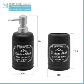 Set accessori bagno dispenser sapone e portaspazzolini in ceramica nera vintage