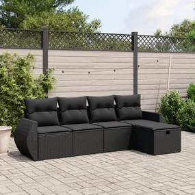 Set divani da giardino 5 pz con cuscini in polyrattan nero