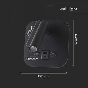 Faretto da parete LED orientabile con porta USB LED/8W/230V 3000K nero