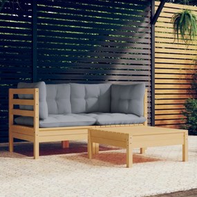 Set divani da giardino 3 pz con cuscini grigi massello di pino